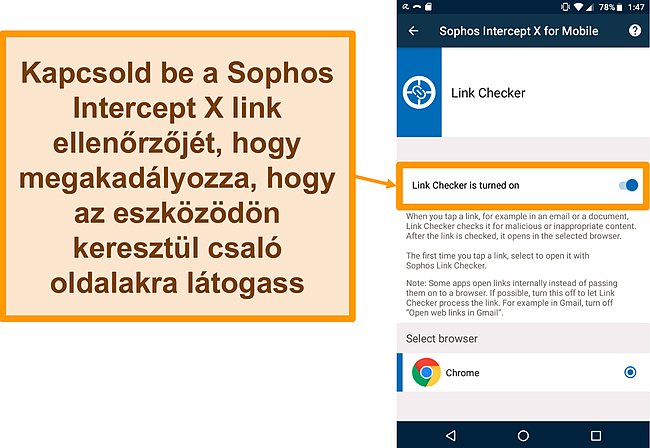 Pillanatkép a Link Checkerről a Sophos Intercept X ingyenes Android alkalmazásában