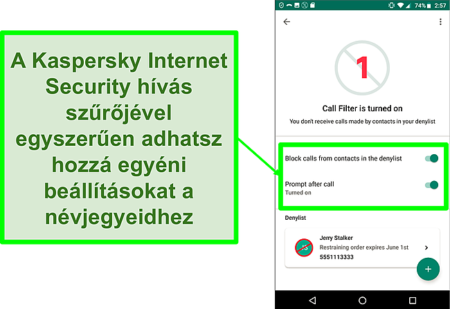 Pillanatkép a Kaspersky Internet Security hívásszűrő funkciójáról egy Android mobileszközön