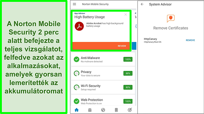 Pillanatkép az Androidon végzett ellenőrzésről, a Norton Mobile Security használatával
