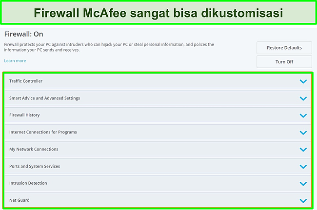 Tangkapan layar firewall McAfee.