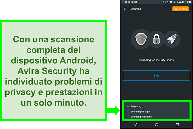 Screenshot di una scansione in corso con Avira Security gratis per Android