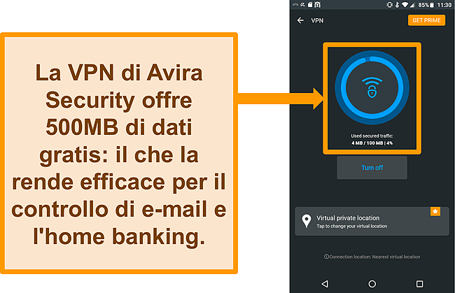 Screenshot della VPN Android gratuita di Avira Security connessa