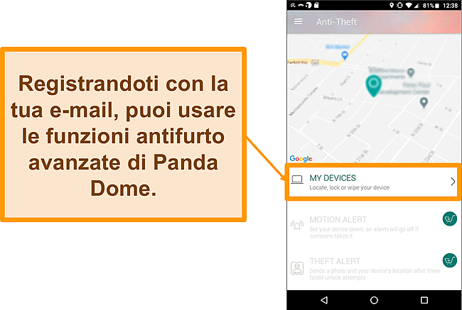 Screenshot del sistema antifurto di Panda Dome su un dispositivo mobile Android