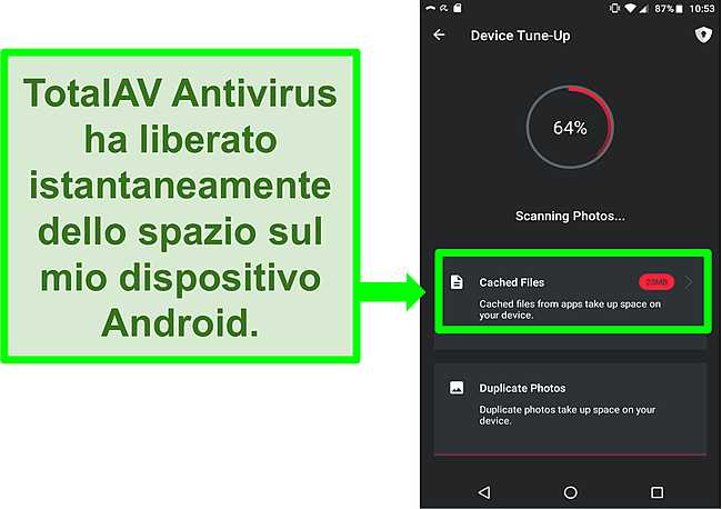 Screenshot della funzione di pulizia del dispositivo in TotalAV Antivirus e VPN per Android