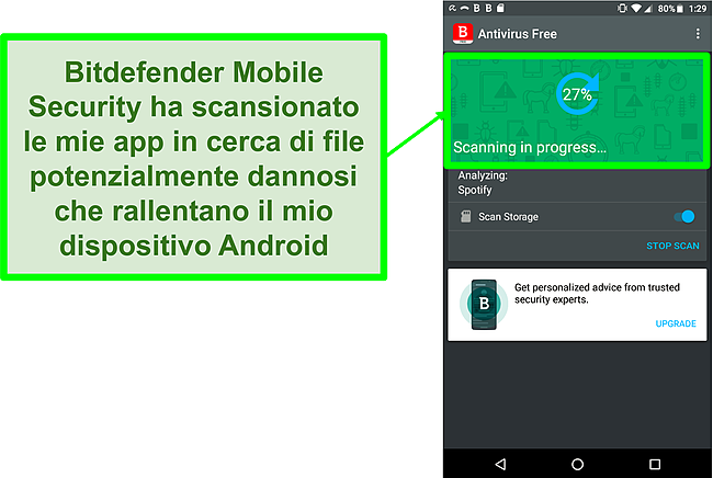 Screenshot della versione gratuita di Bitdefender Mobile Security che esegue la scansione di un dispositivo mobile Android