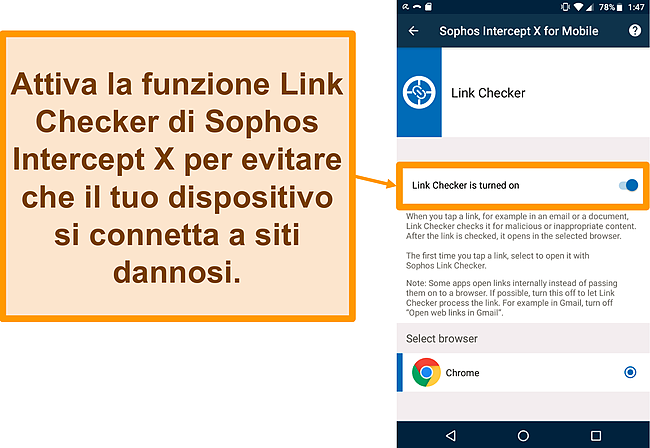 Screenshot del Link Checker sull'app Android gratuita di Sophos Intercept X