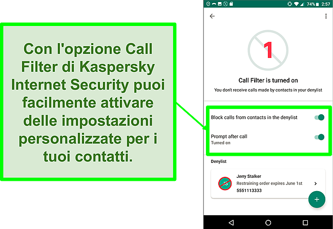 Screenshot della funzione Filtro chiamate di Kaspersky Internet Security su un dispositivo mobile Android