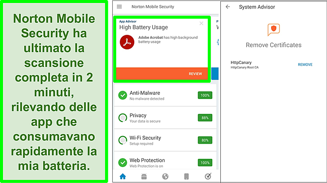 Screenshot di una scansione su Android utilizzando Norton Mobile Security