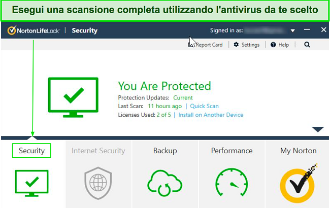 Screenshot della dashboard principale di Norton