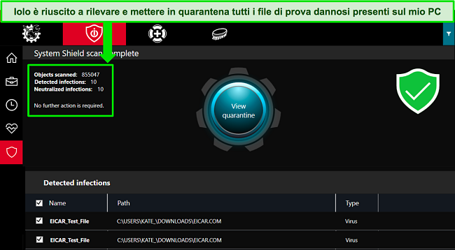 Screenshot dell'app Windows di iolo che mostra una scansione di System Shield completata con diversi file di malware di prova rilevati.