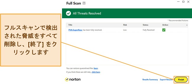 ノートンのフルスキャンを完了する方法を示すスクリーンショット