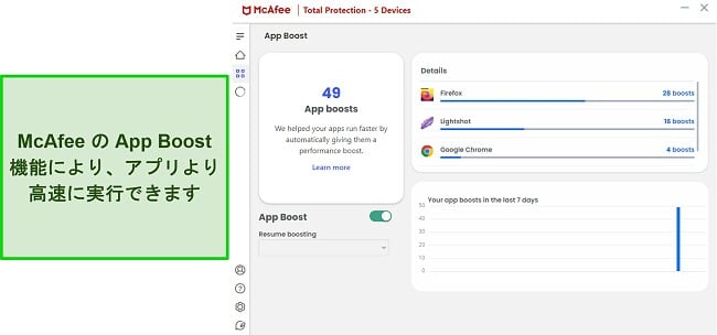 McAfee の App Boost 機能のスクリーンショット