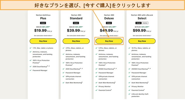 ノートンのプランの 1 つを選択する方法を示すスクリーンショット