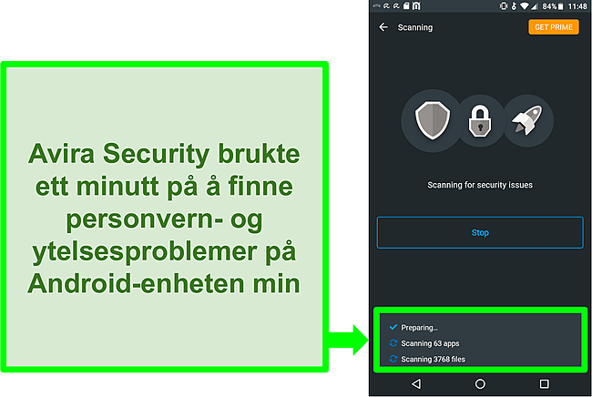 Skjermbilde av en skanning på fremdrift med Avira Security gratis for Android