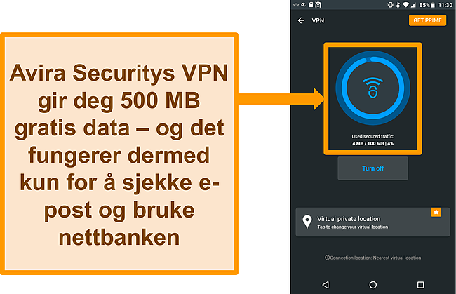 Skjermbilde av Avira Securitys gratis Android VPN tilkoblet