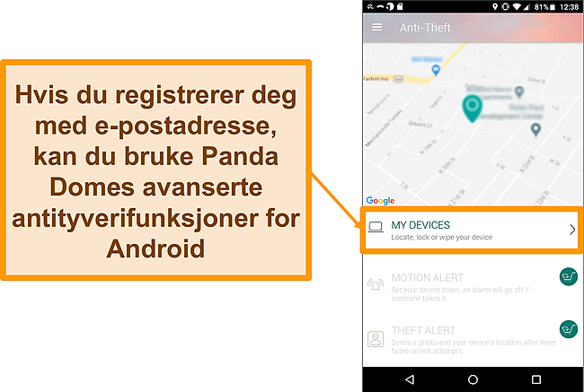 Skjermbilde av Panda Dome's tyverisikringssystem på en Android-mobilenhet