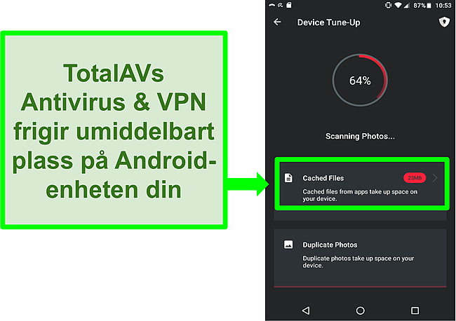 Skjermbilde av enhetsoppryddingsfunksjonen i TotalAV Antivirus og VPN for Android