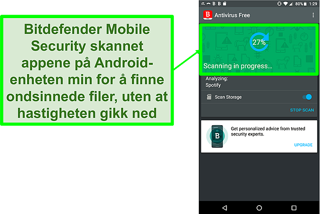 Skjermbilde av Bitdefender Mobile Security gratis versjon som skanner en Android-mobilenhet