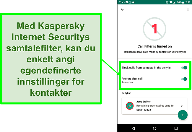 Skjermbilde av Kaspersky Internet Securitys samtalefilterfunksjon på en Android-mobilenhet