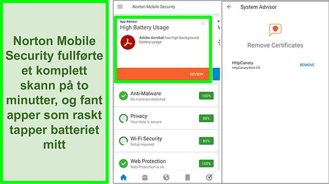 Skjermbilde av en skanning på Android ved hjelp av Norton Mobile Security