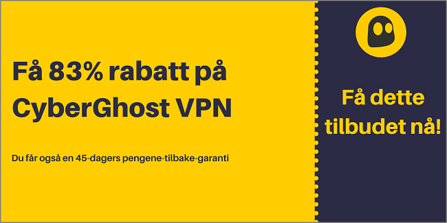 Grafikk av en fungerende CyberGhost VPN-kupong som tilbyr 83% rabatt og 3 måneder gratis med 45 dagers pengene tilbake-garanti