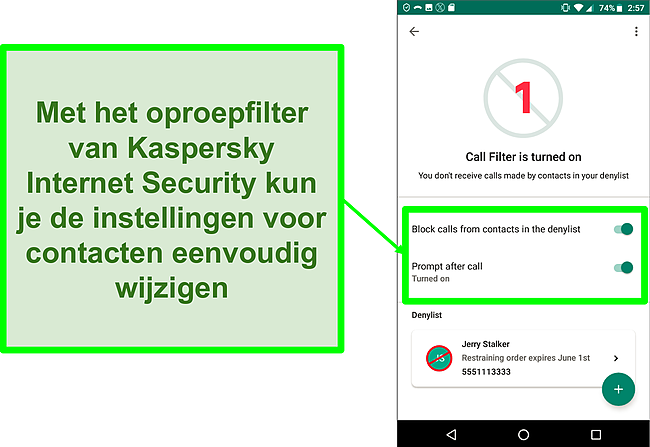 Screenshot van de oproepfilterfunctie van Kaspersky Internet Security op een mobiel Android-apparaat