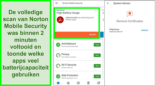 Screenshot van een scan op Android met Norton Mobile Security