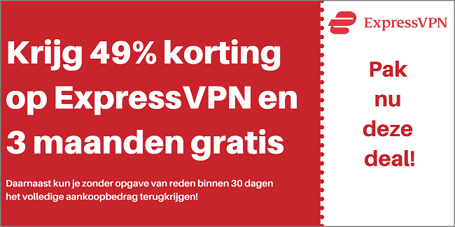 ExpressVPN-coupon voor 49% korting en 3 maanden gratis met een 30 dagen geld-terug-garantie