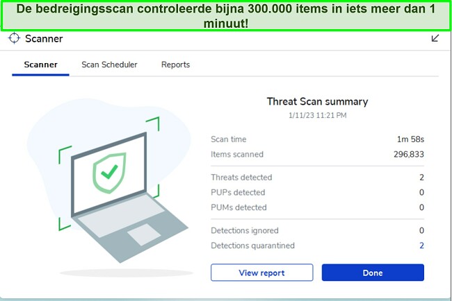 Malwarebytes-recensie waarin de interface van de Threat Scan-functie wordt benadrukt.