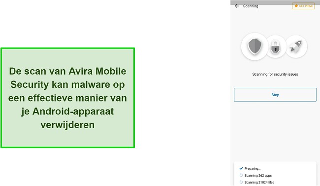Schermafbeelding van Avira Mobile Security met virusscan