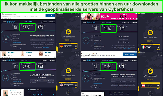 Screenshot van 4 snelheidstests met behulp van de geoptimaliseerde servers van CyberGhost