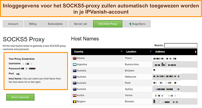 Screenshot van proxy-inloggegevens die zijn toegewezen aan mijn IPVanish-account