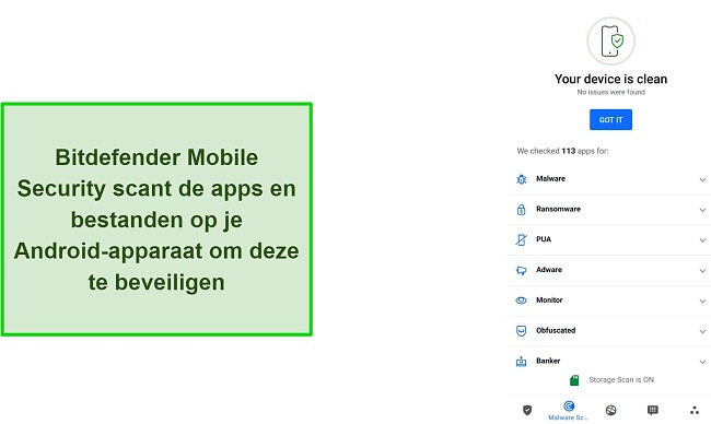 Schermafbeelding van de scanresultaten van Bitdefender Mobile Security