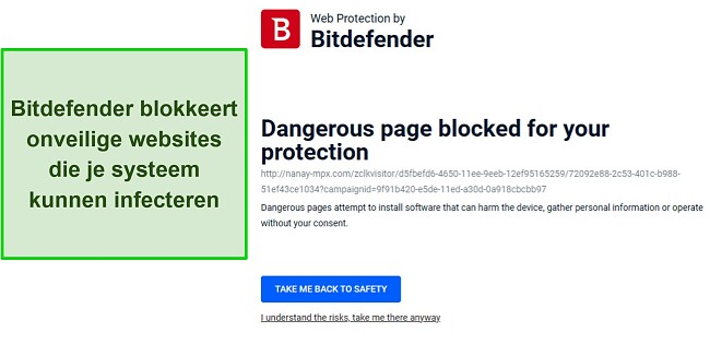 Bitdefender-recensie waarin de webbeveiligingsfunctie wordt getoond die actief de toegang tot een potentieel schadelijke website blokkeert.