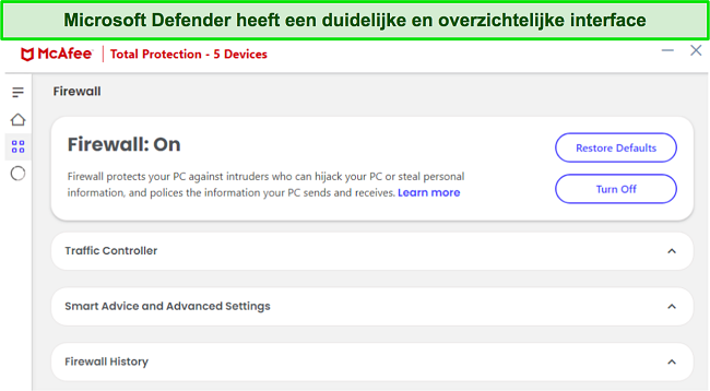 Screenshot van McAfee's firewall-interface