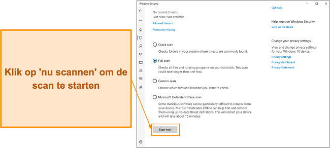 Schermafbeelding die laat zien hoe u een scan start met Microsoft Defender