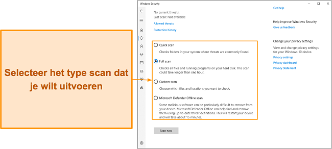 Screenshot van de verschillende beschikbare scantypes van Microsoft Defender