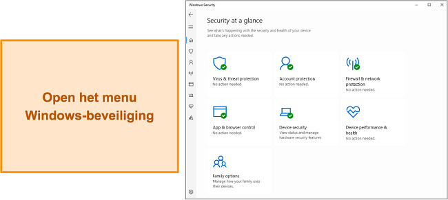 Screenshot van het hoofdmenu van Windows Beveiliging