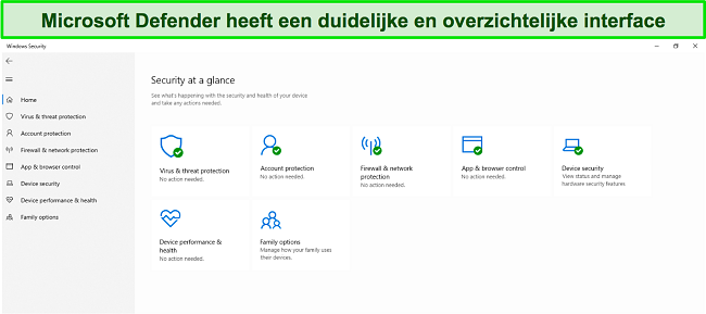 Screenshot van het hoofdmenu van Microsoft Defender