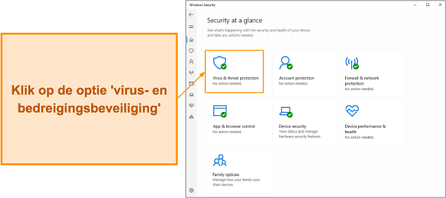Schermafbeelding die laat zien hoe u het menu Virus- en bedreigingsbeveiliging van Microsoft Defender opent