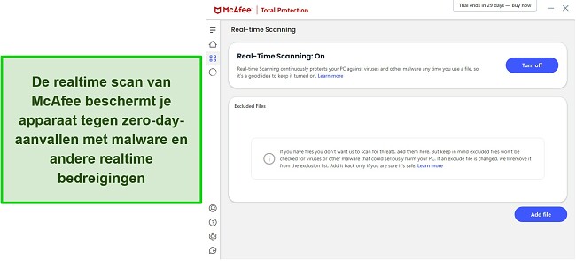 McAfee antivirusrecensie met het realtime scanmenu in het Engels.