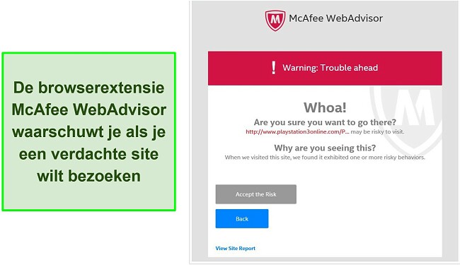 Schermafbeelding van de McAfee WebAdvisor-browserextensie-interface.