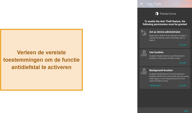 Schermafbeelding van de machtigingen voor de antidiefstal-functie van Panda Dome