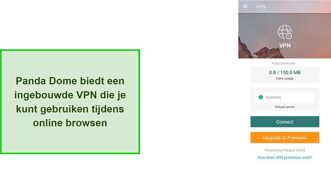 Schermafbeelding van de ingebouwde VPN van Panda Dome