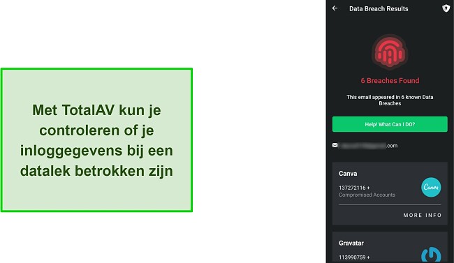 Schermafbeelding van de datalekcontrole van TotalAV