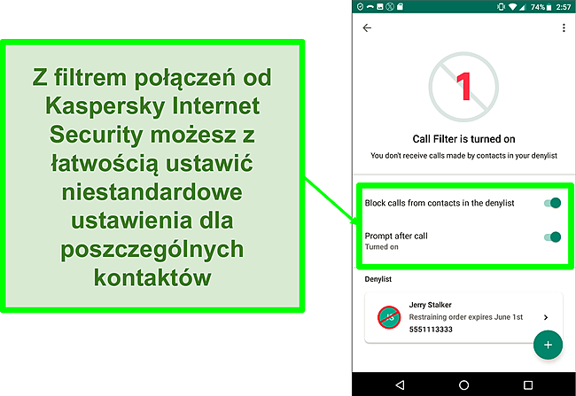 Zrzut ekranu funkcji filtrowania połączeń Kaspersky Internet Security na urządzeniu mobilnym z systemem Android