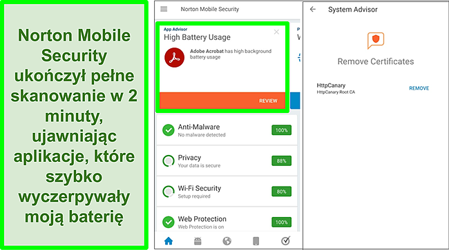 Zrzut ekranu ze skanowania w systemie Android przy użyciu programu Norton Mobile Security