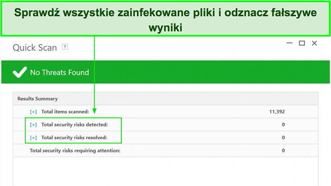 Zrzut ekranu pokazujący, gdzie sprawdzić listę zainfekowanych plików po pełnym skanowaniu