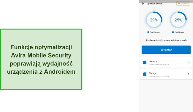 Zrzut ekranu z funkcjami optymalizacji w Avira Mobile Security