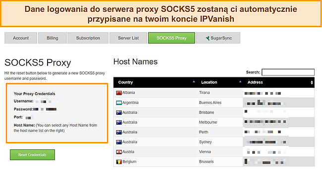 Zrzut ekranu danych logowania proxy przypisanych do mojego konta IPVanish